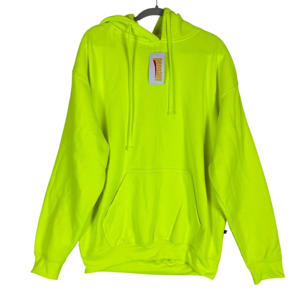 Pennant Hoodie Mens Large Neon Green Pullover Fleece Kangaroo Pocket Solid